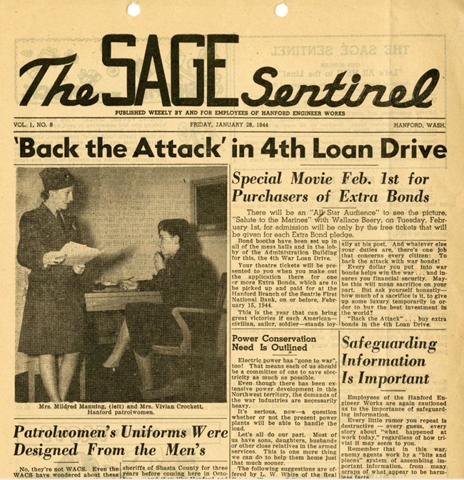 Yellowed front page of a newsletter, the Sage Sentinal with several newstories and a picture of two women.
