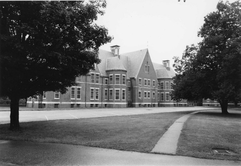 Black and White Photograph of Salmon Hall, an early ward building in the Hospital complex.