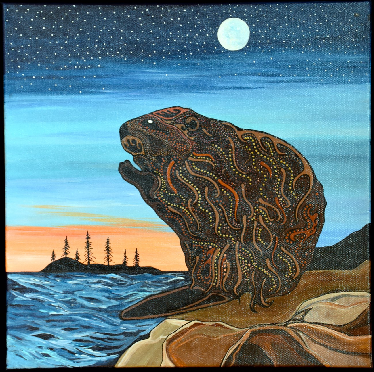 Painting of a beaver sitting on a rock at the edge of a lake with a sunset sky in the background.