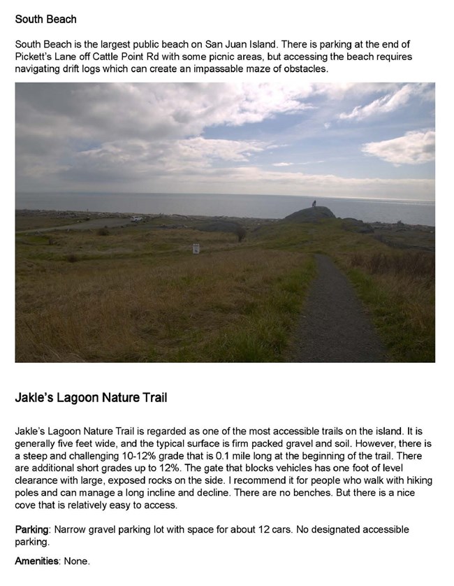 Photo of winding gravel trail with green and brown grass on either side. The ocean is in the background.