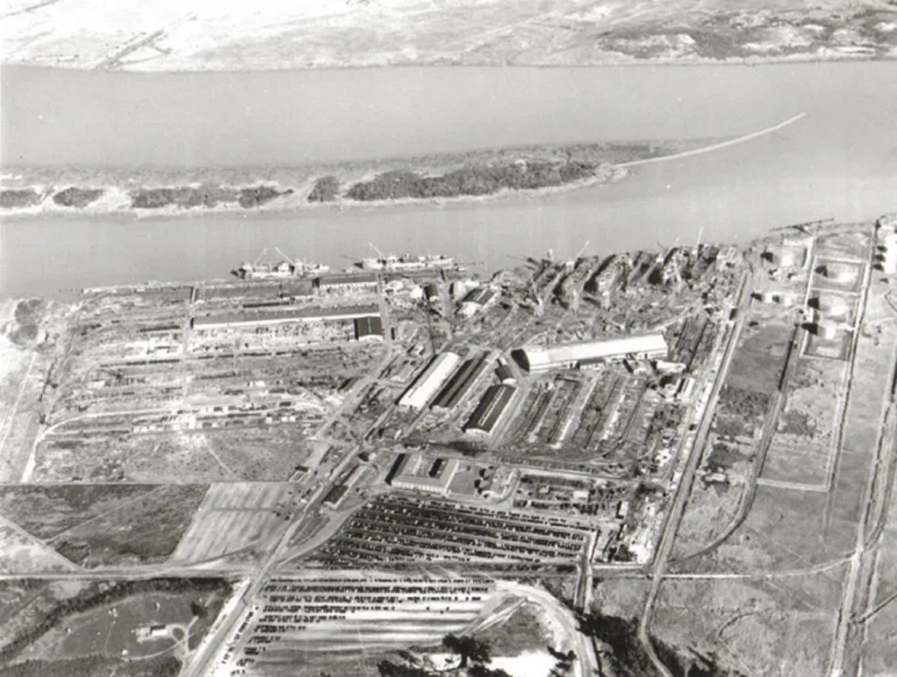 aerial of shipyards on river