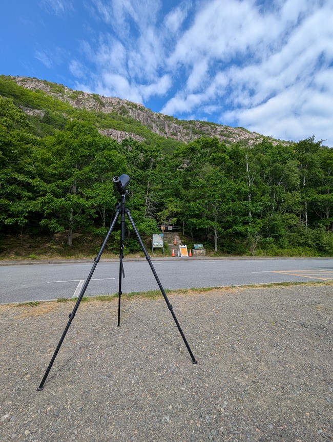 A spotting scope set up in the peregrine falcon watch viewing area with Champlain Mountain in the background.