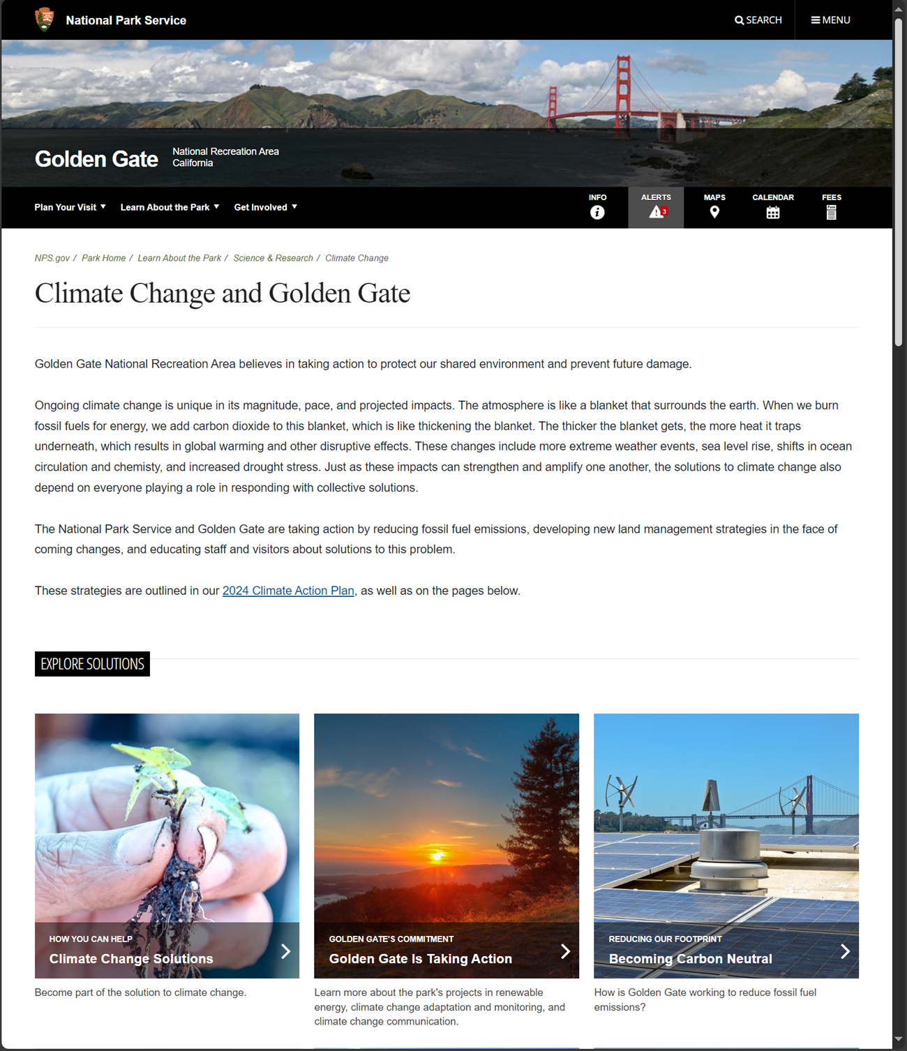 Screenshot of Golden Gate's climate change webpage