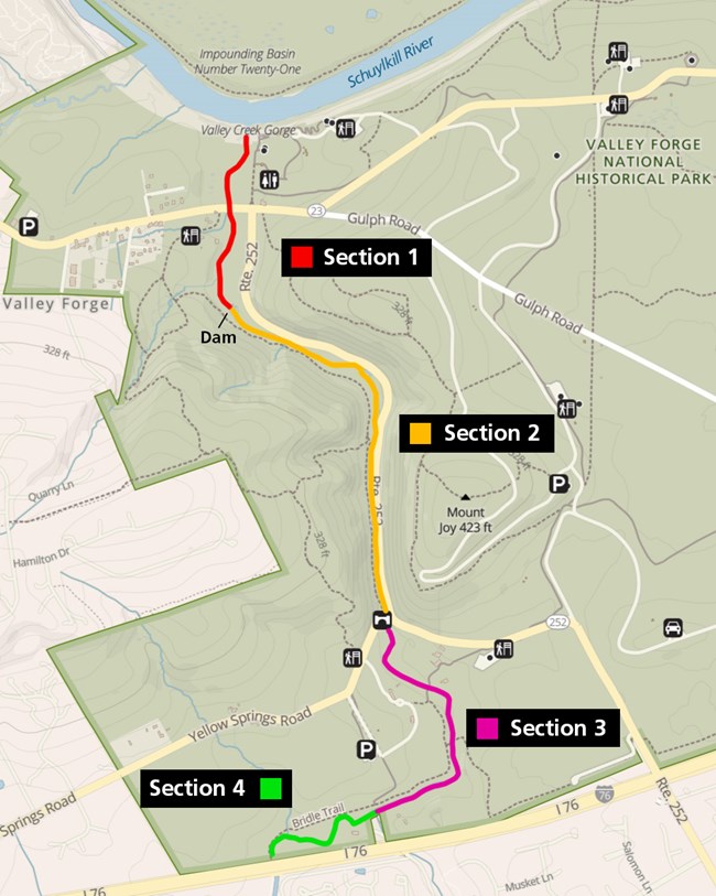 A map showing four sections of Valley Creek highlighted in different colors