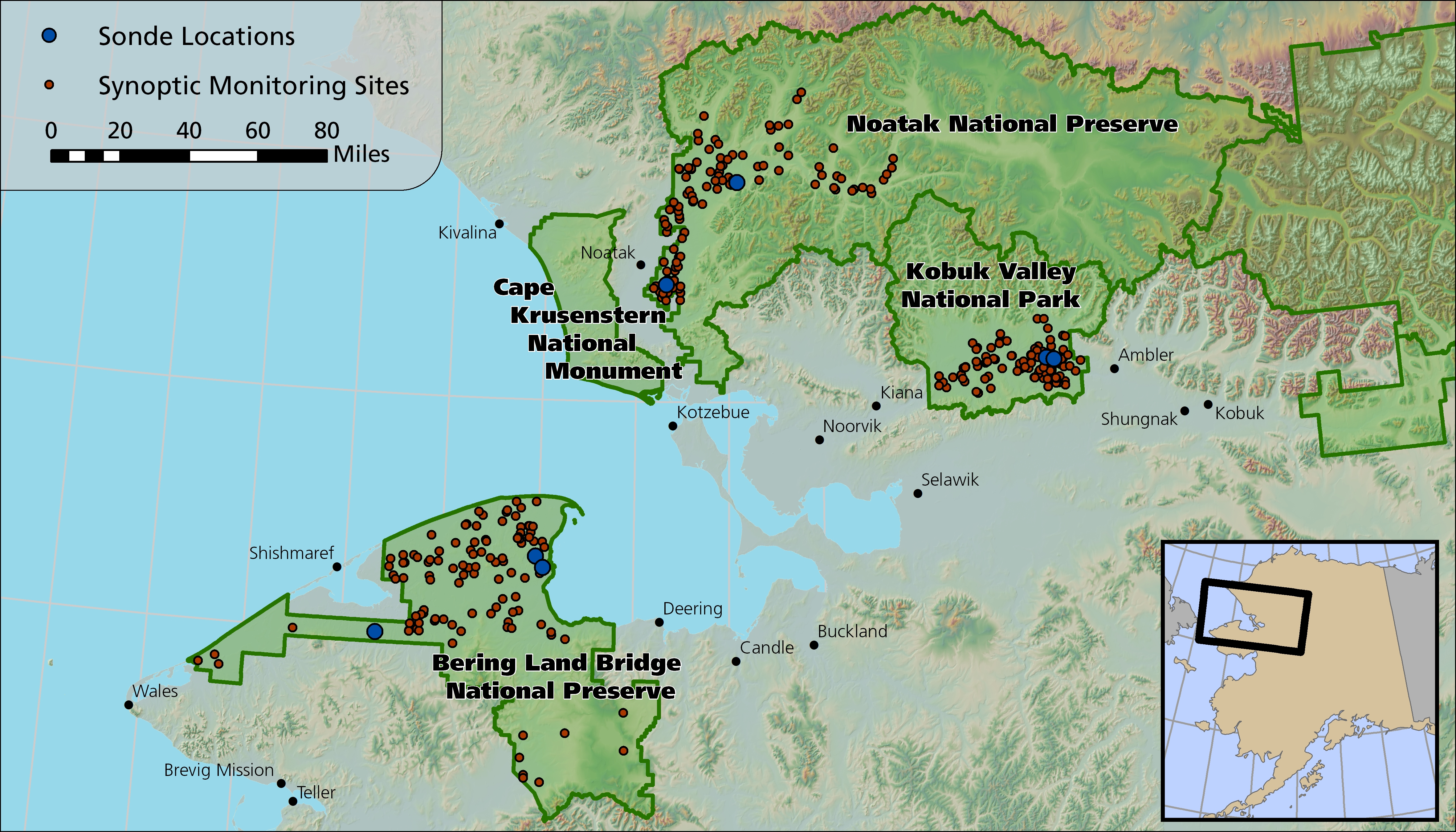 A map showing the locations of hundreds of lakes visited in Bering Land Bridge National Preserve, Noatak National Preserve, and Kobuk Valley National Park