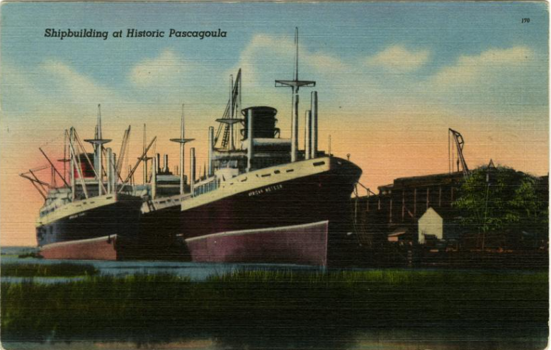 Postcard of two ships at a dock with lightening sky