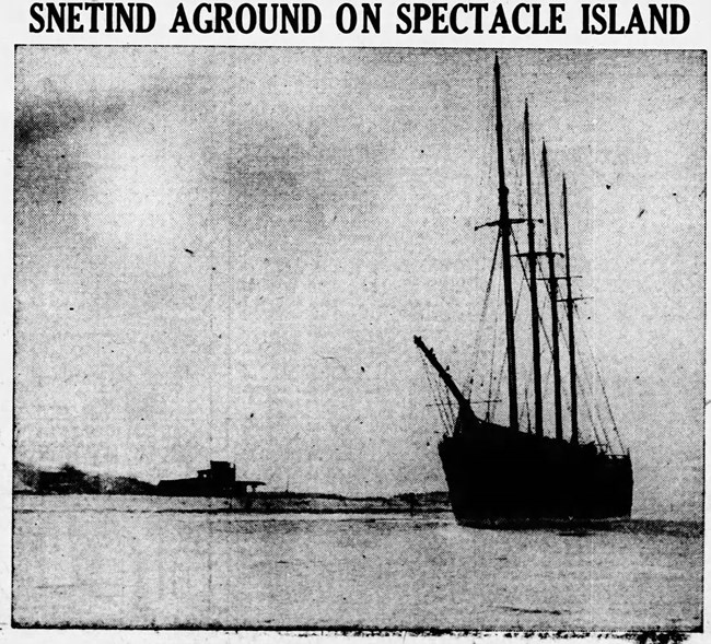 newspaper clipping of a big schooner ashore