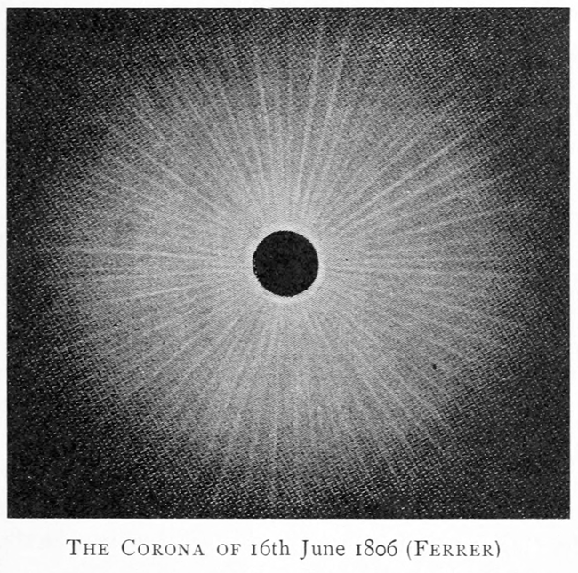 Illustration of the solar corona observed during the total eclipse on June 16, 1806 a dark circular silhouette of the Moon at the center, surrounded by radiant, finely detailed rays extending outward, representing the Sun’s corona.