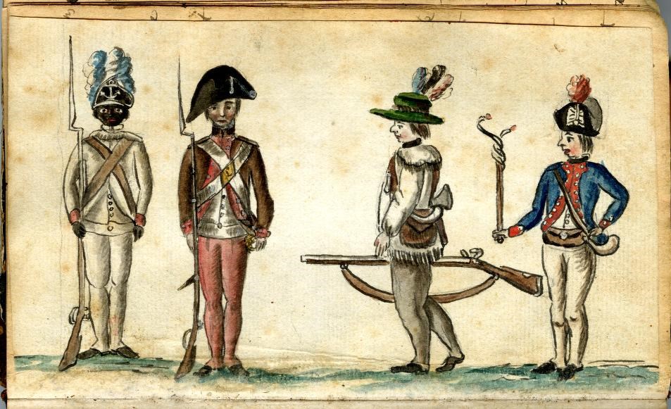 Row of four soldiers in different uniforms