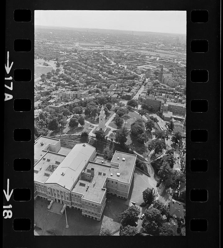 Black and White aerial photo of Dorchester Heights with monument and high school visible