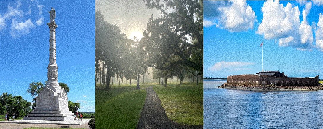 Three images of parks, one of a stone monument, the other of a trail into the woods, the other of and island fort.