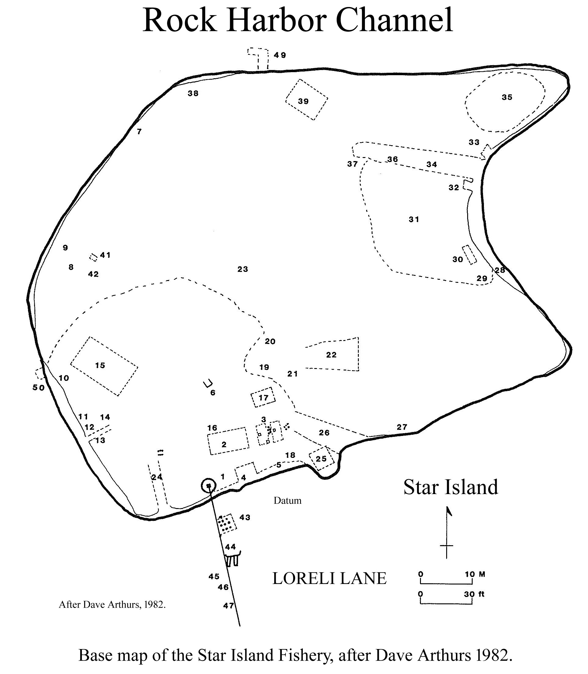sketch of Star Island Fishery site, pinpointing 50 points of interest