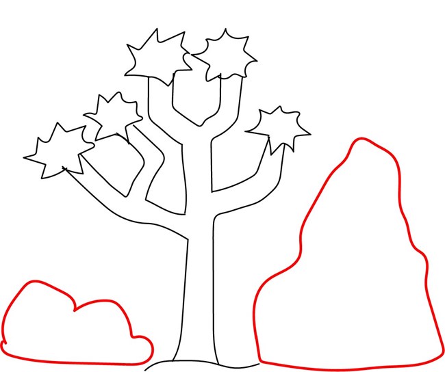 A drawing of a Joshua tree surrounded by two bolders on each side of it. the boulder on the right is larger than the boulder on the left of the tree.