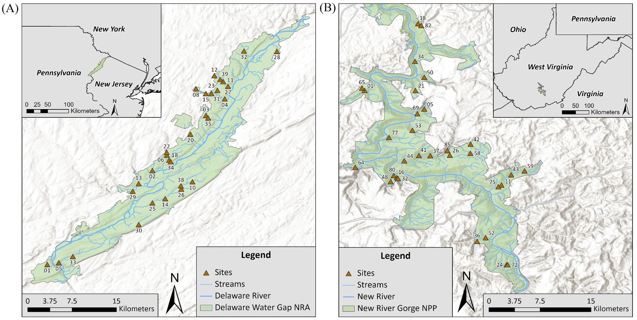 Topographic maps of Delaware Water Gap NRA, between PA and northern NJ, and New River Gorge NPP in WV. The parks, shaded green, both surround large rivers, fed by dozens of small streams. Monitoring sites are distributed among the small streams.