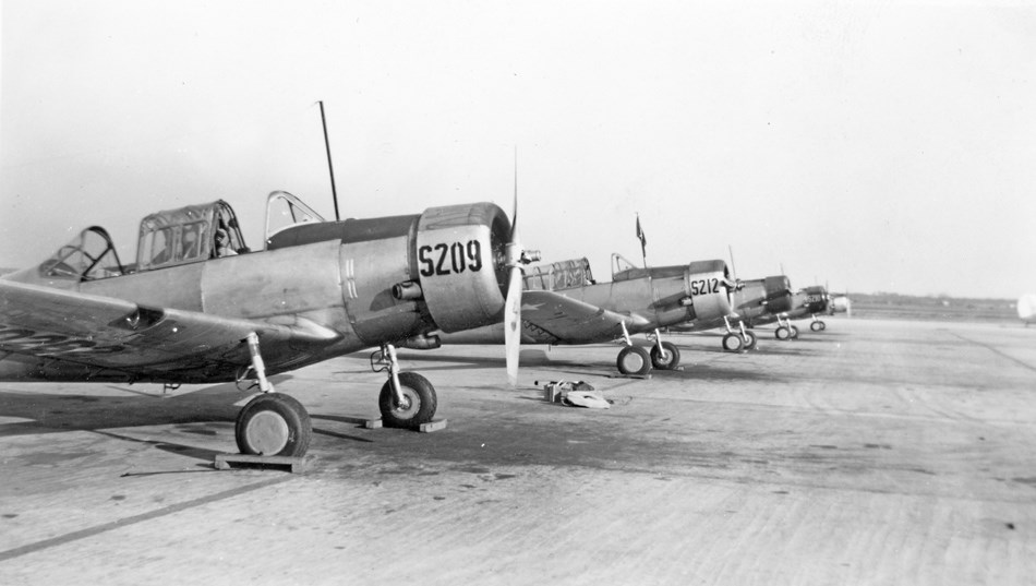 small training prop planes lined up on tarmac at airfield