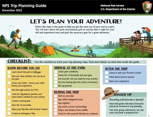 The first page of the trip planning guide, including the checklist. Click the image for a fully accessible PDF.