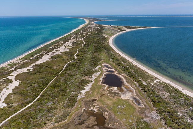 Aerial view of barrier island with ocean