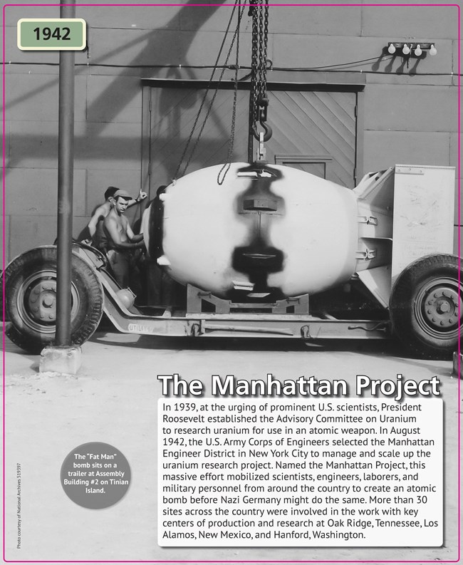 The “Fat Man” bomb sitting on a rolling trailer at an assembly building on Tinian Island.