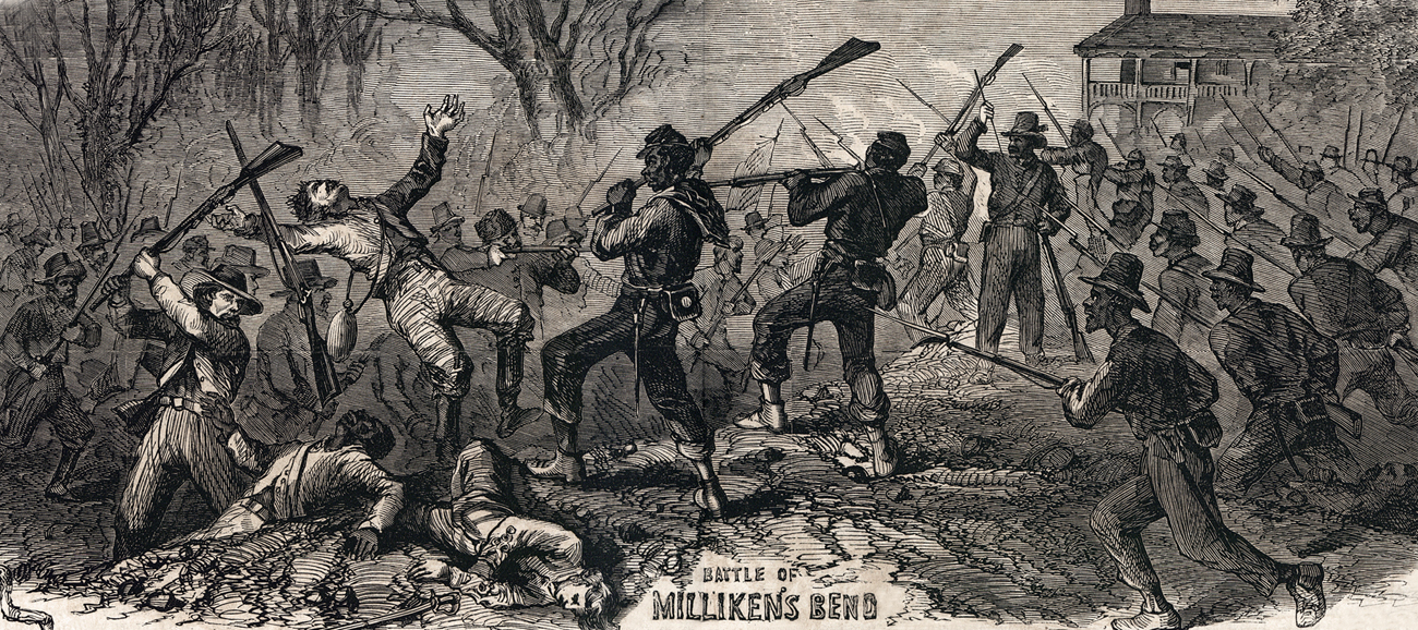 Historic illustration of the Battle of Milliken's Bend, showing intense hand-to-hand combat between Union and Confederate soldiers