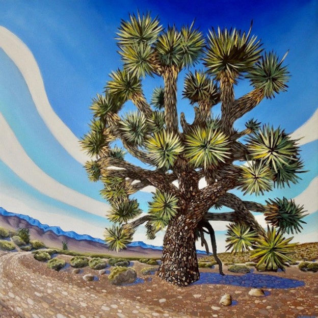 An oil painting of a large Joshua tree growing from the rocky desert floor.