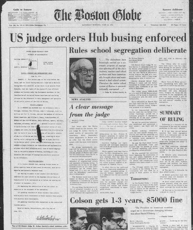 Boston Globe frontpage from June 22, 1974 covering Judge Garrity's school desegregation decision
