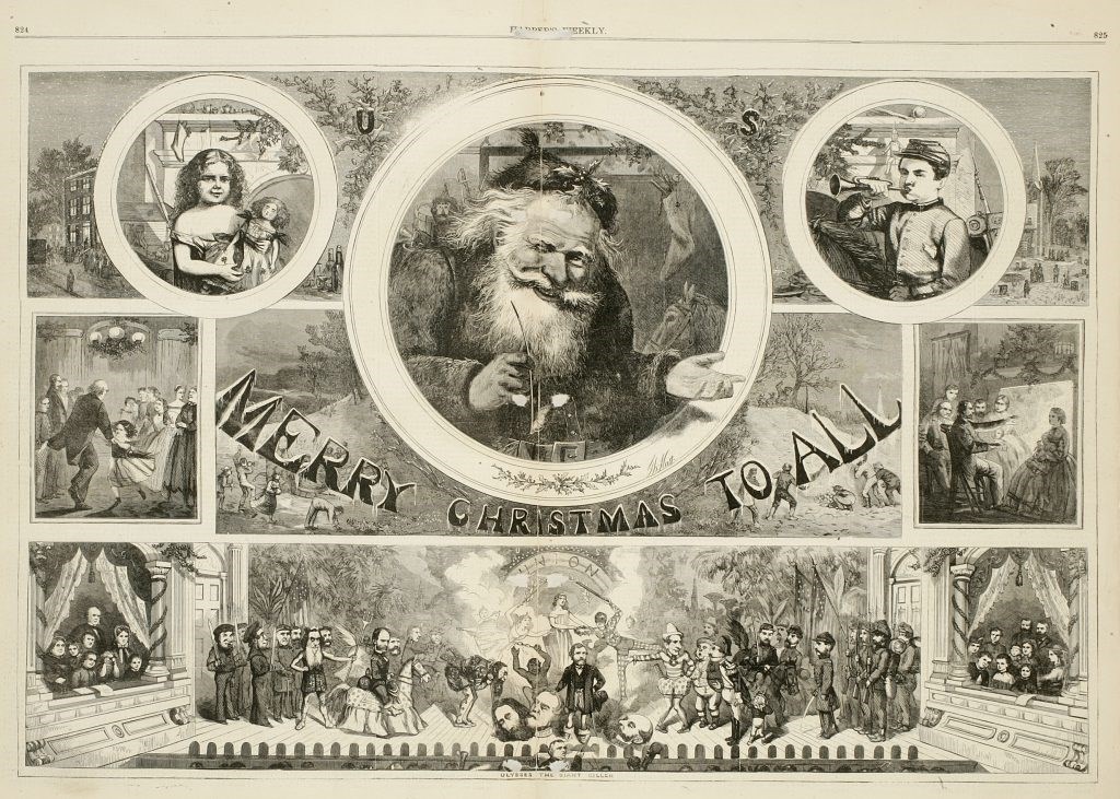 1860s political cartoon of Santa Claus as a bearded elderly man with text that reads "Merry Christmas to All."