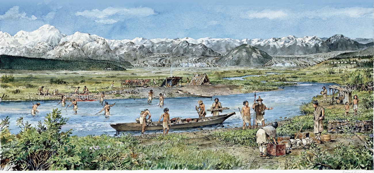 Artist depiction of a Tlingit fish camp at a river's edge