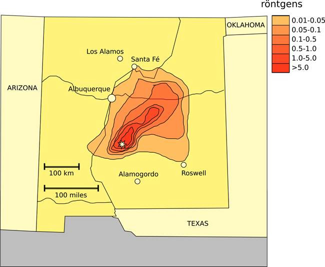 Map of New Mexico showing the Trinity Test Site and nearby cities. Red and orange abstract shapes of increasingly large size and lighter hues extend northeast. The highest radiation level is near the Test Site and radiation levels diminish further away.