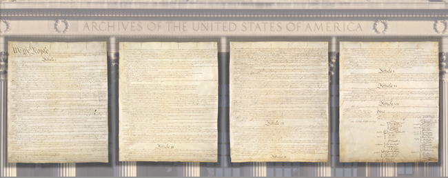 The four pages of the US Constitution are laid over an image of the pillars and carving on the National Archives building