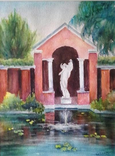 A watercolor painting of a brick pergola and marble statue in a garden.