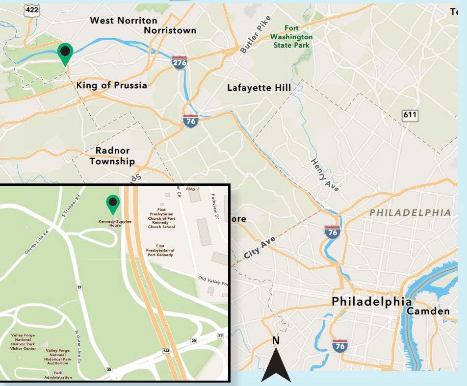Map graphic showing the location of the Kennedy Supplee mansion in relation to Philadelphia as near King of Prussia, and an inset map shows the mansion location locally in relation to the Visitor Center at Valley Forge National Historical Park