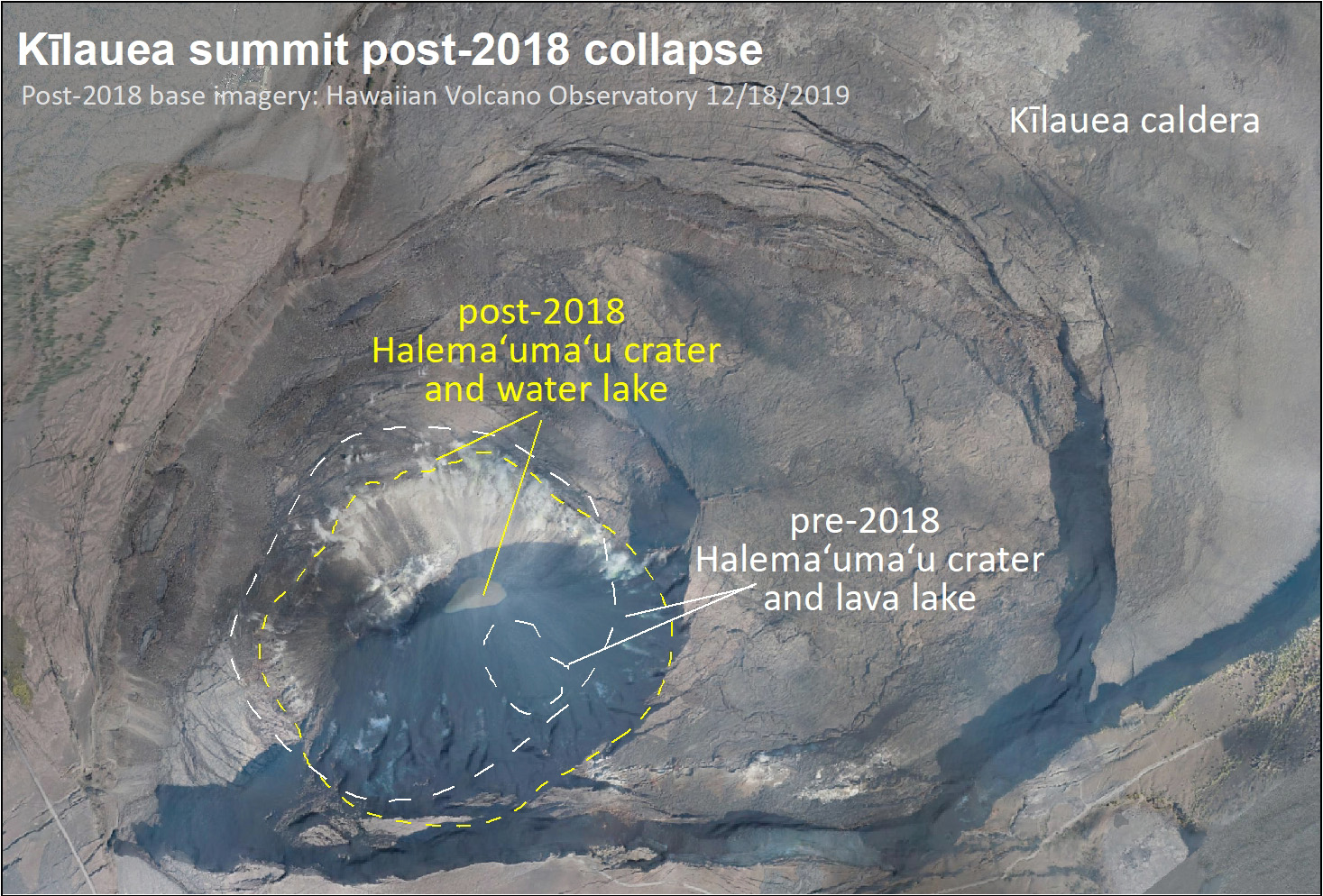 aerial photo of a volcanic crater with collapse features and dark lava flows