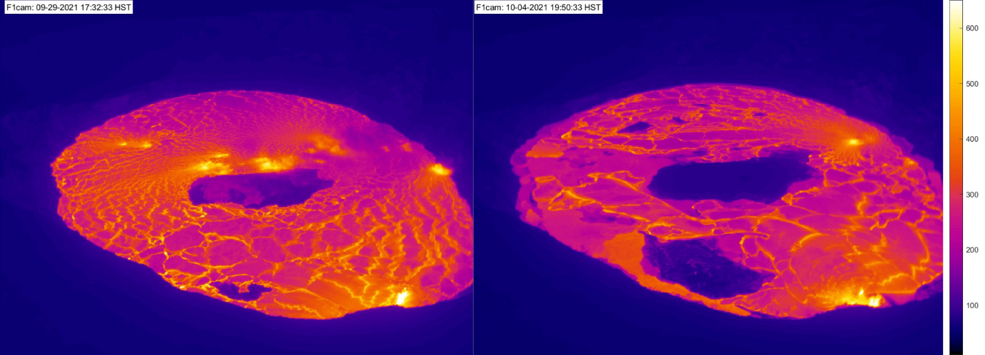 two thermal images of a lava lake
