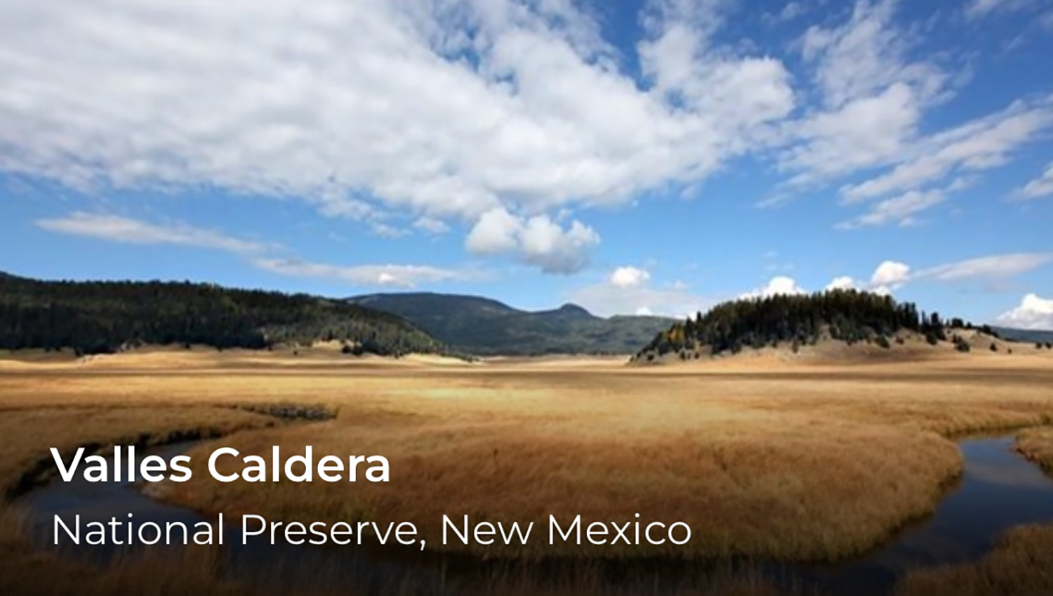 A valley and sky. Valles Caldera is written in the lower left.