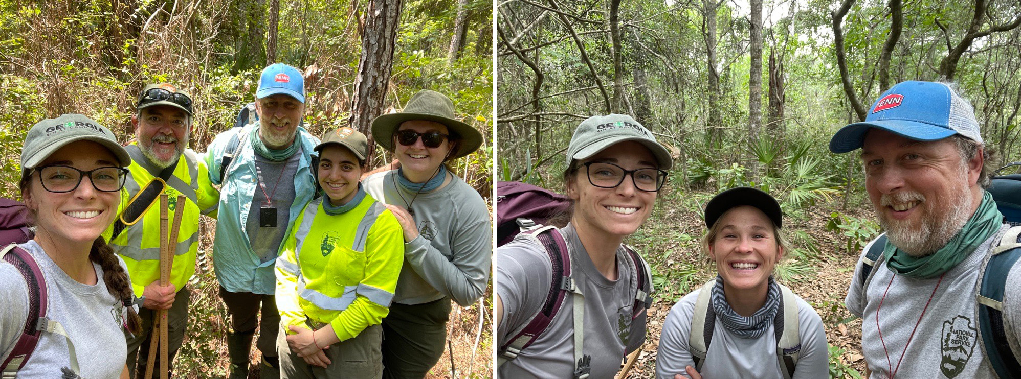 Two groups of smiling people in the woods