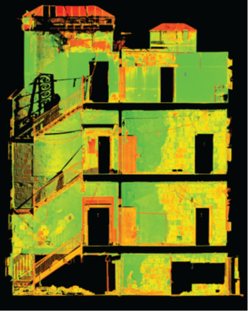 Color image of a point cloud showing a section through a stairwell showing how floors relate to each other.