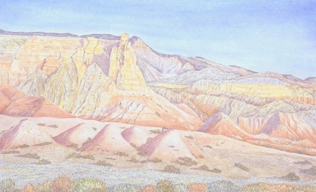 A watercolor painting of pink, orange, and yellow badlands under a blue sky.