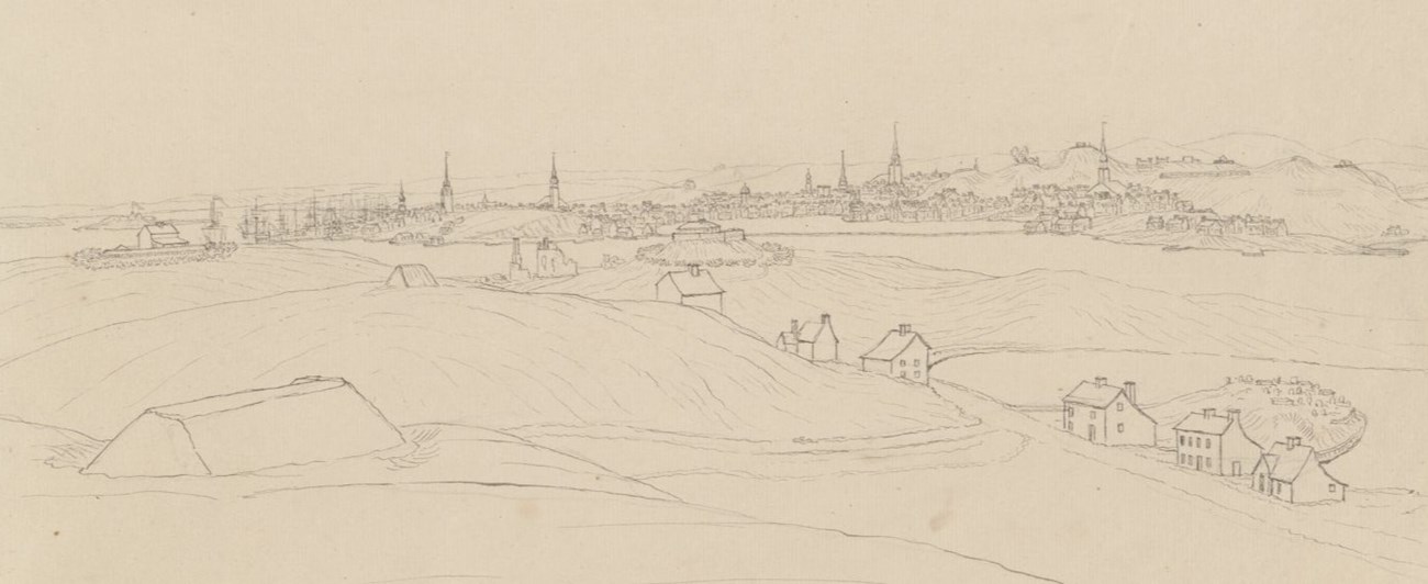 Sketch of Boston with hills and homes in the foreground.