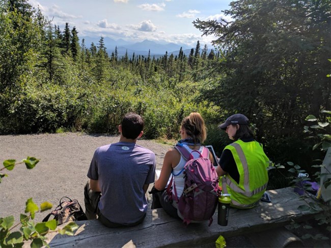 Three people sit on a bench in Denali National Park.
