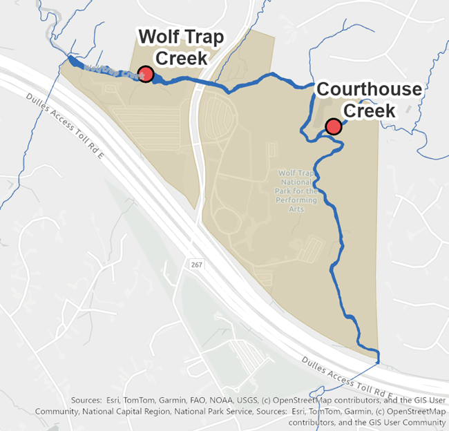 Map showing location of biological stream survey sites and rivers and streams at Wolf Trap National Park for the Performing Arts.