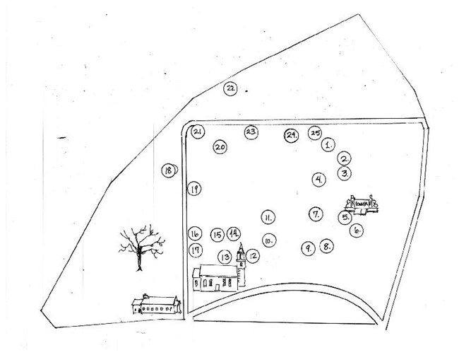 Hand drawn map of cemetery with numbers showing grave locations