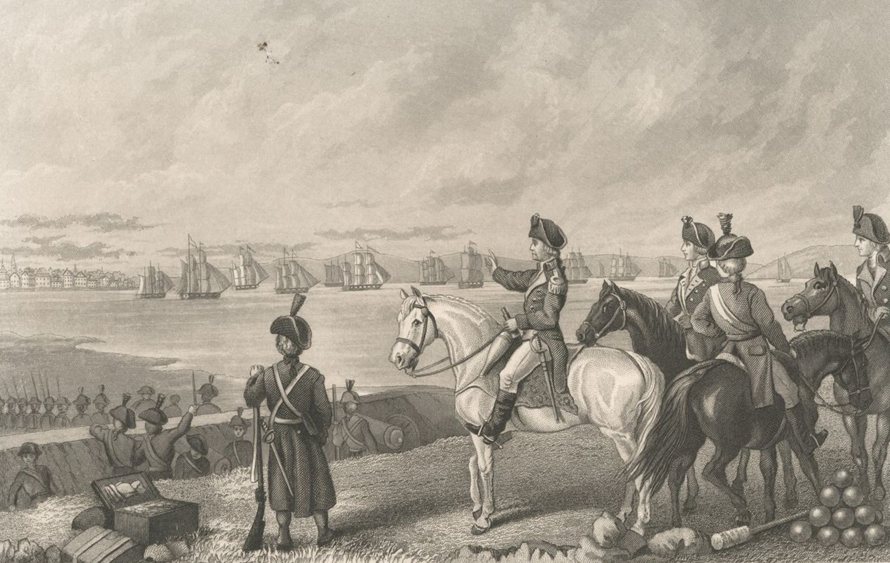 Washington and colonial soldiers watch on a hillside as British ships leave boston harbor