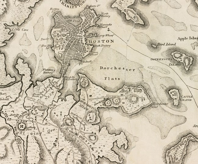 Washington's Revolutionary Battle map, cropped to highlight the fortifications in Boston and on Dorchester Heights.