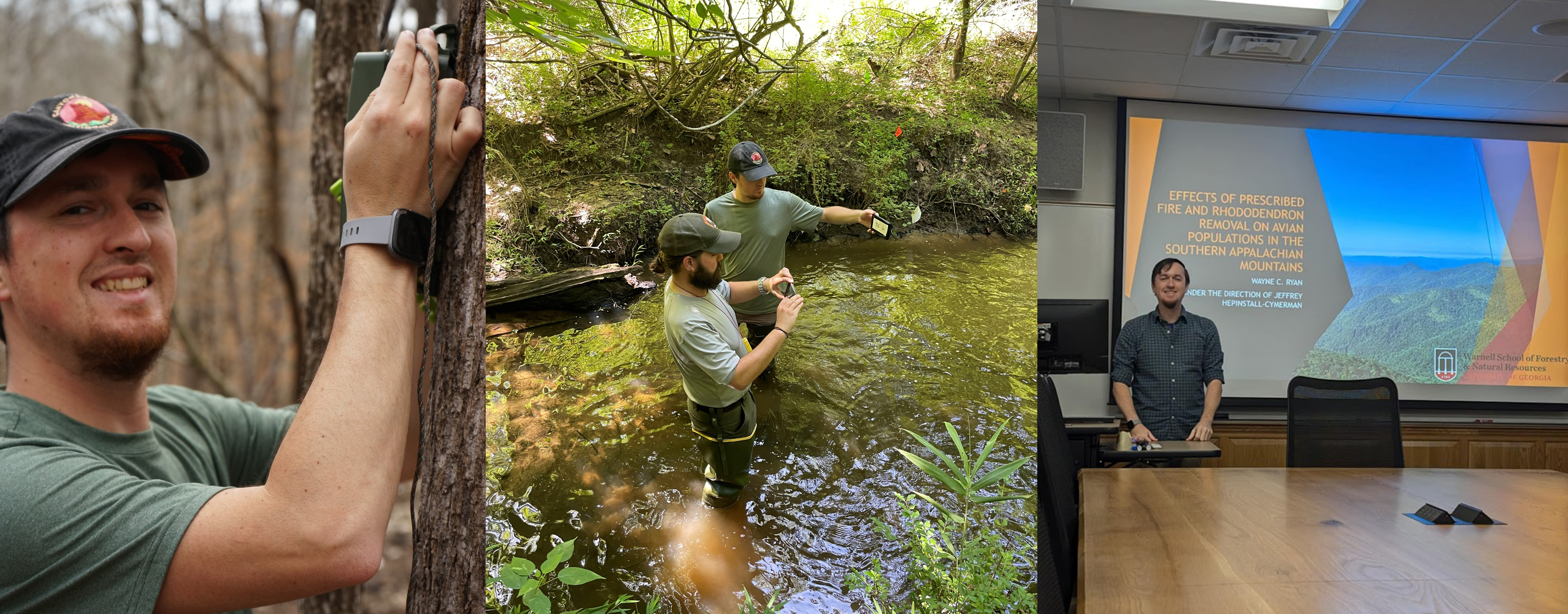 Man putting ARD on a tree, two men standing in a stream and a man standing in front of screen.