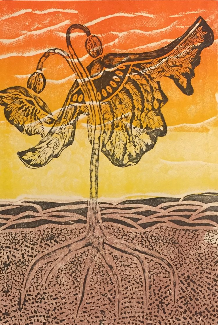 A relief print of a large flower growing from barren earth against the sunset.