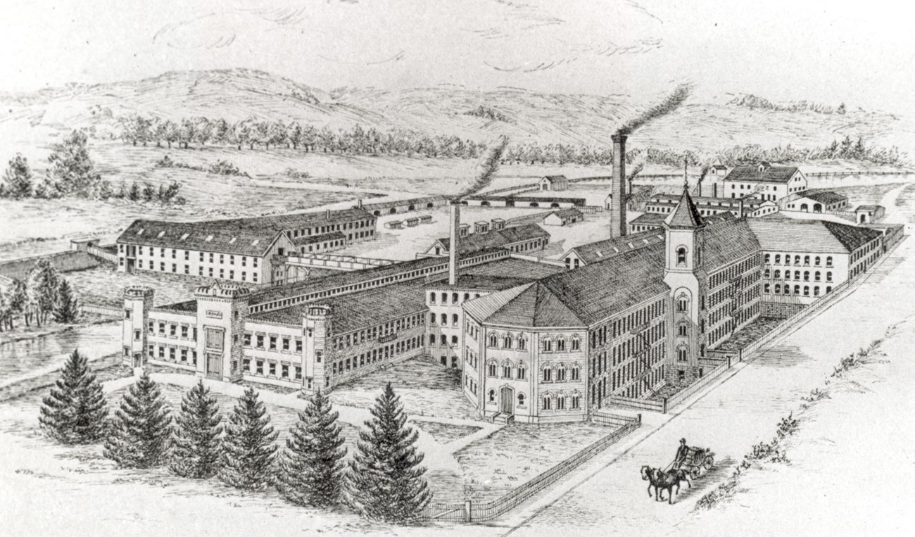 Wood cut of mill with distinctive bell tower along river