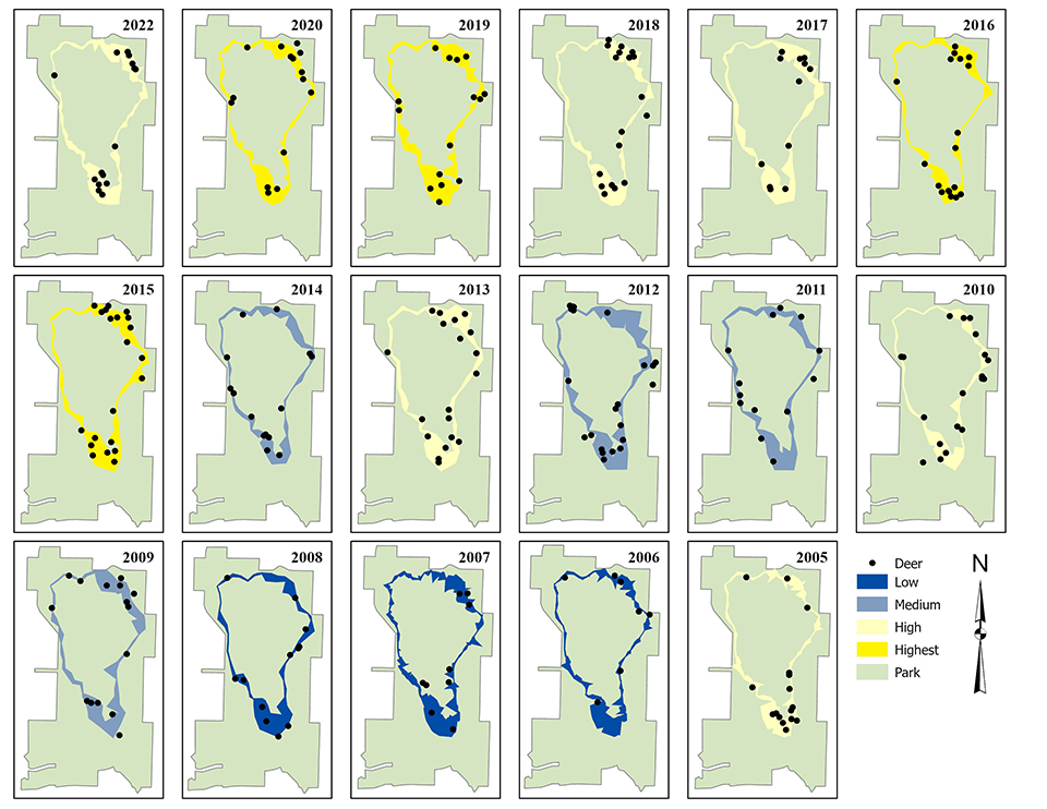 Maps of adjusted deer count and visible area surveyed. Highest deer counts were in 2015, 2016, 2019, and 2020. Lowest adjusted deer counts were in 2006, 2007, and 2008.