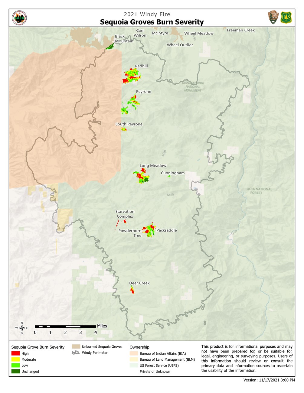 A map shows terrain and a light gray boundary that covers most of the page. Inside the boundary are small multicolored areas, each labeled with a grove name.