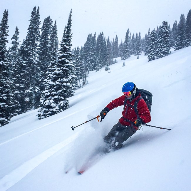 Visitor backcountry skiing in the mountains
