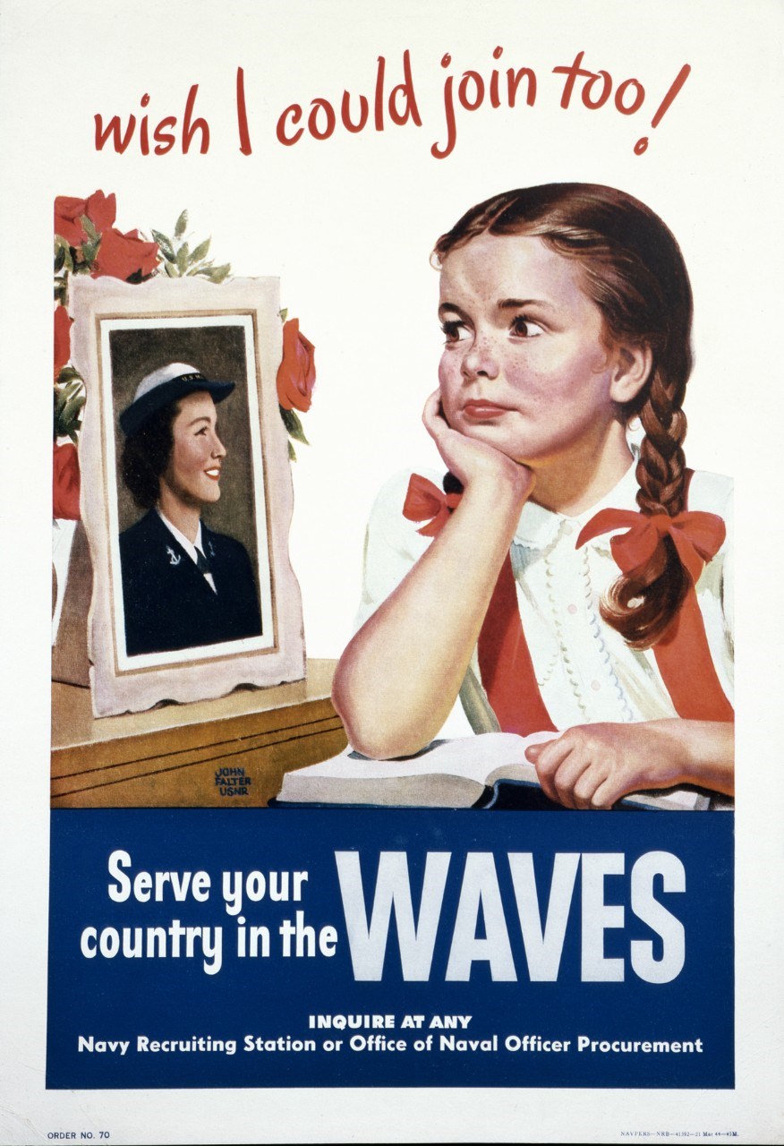 Illustration of young girl with braided pigtails and an open book resting her chin on her hand. She looks wistfully at a framed photo of a uniformed WAVE in front of a vase of flowers. Text reads: "Wish I could join too!" "Serve your country in the WAVES"